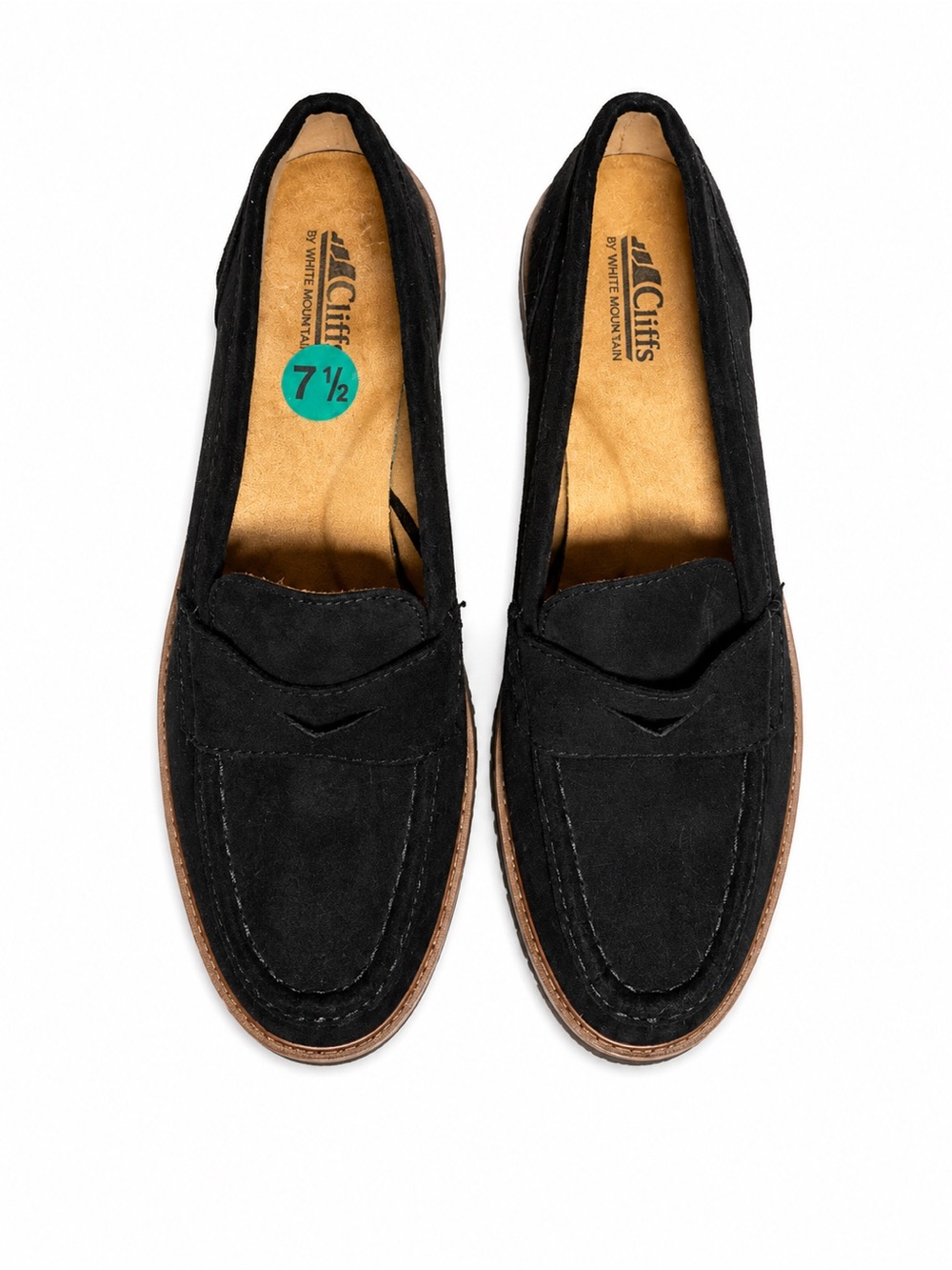 Cliffs by WHITE MOUNTAIN Black Suede Penny Loafers with Brown Trim